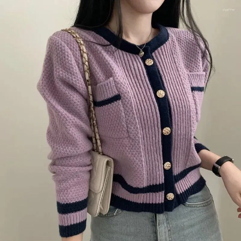 Women's Knits Women Vintage Luxury Patchwork Knitting Long Sleeve Round Neck Cardigans 2023 Winter Fashion Casual Single Breasted Sweater