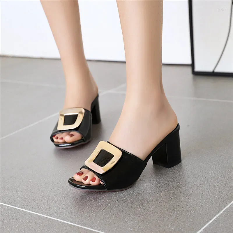 Talltor Yqbtdl Fashion Women Plus Size Shoes Summer Metal Decor Patent Pu Leather Blcok High Heel Slides Black Pink Womens 42
