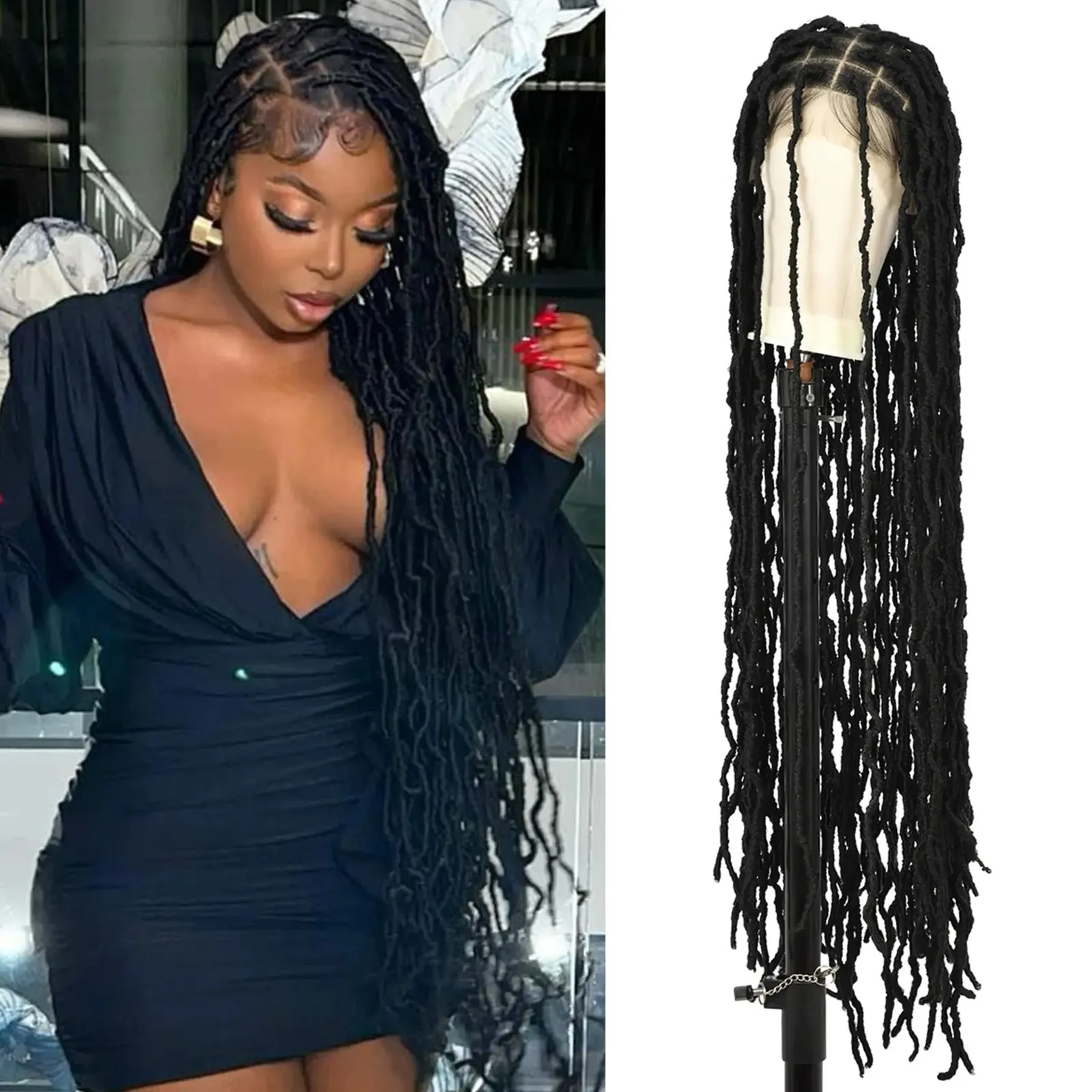 Kalyss 40 Inches Full Double Lace Front Square Knotless Locs Braided Wigs for Black Women Loc Braid Wig With Baby hair 231226