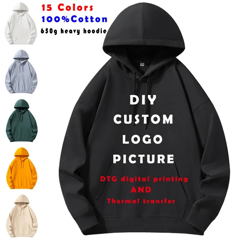 DIY Customize Your OWN Design Heavy 650g 100% Cotton Hoodies /Picture/Text Custom Autumn Winter Hooded Sweatshirt 231226