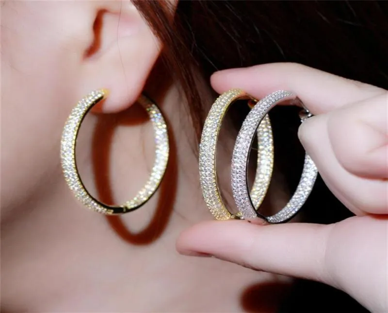 Sydamerikansk 18k Gold Big Hoop 42mm AAA Cubic Zirconia Designer örhängen Kopparsmycken White CZ Silver Circle Earring Jewelry V2201704