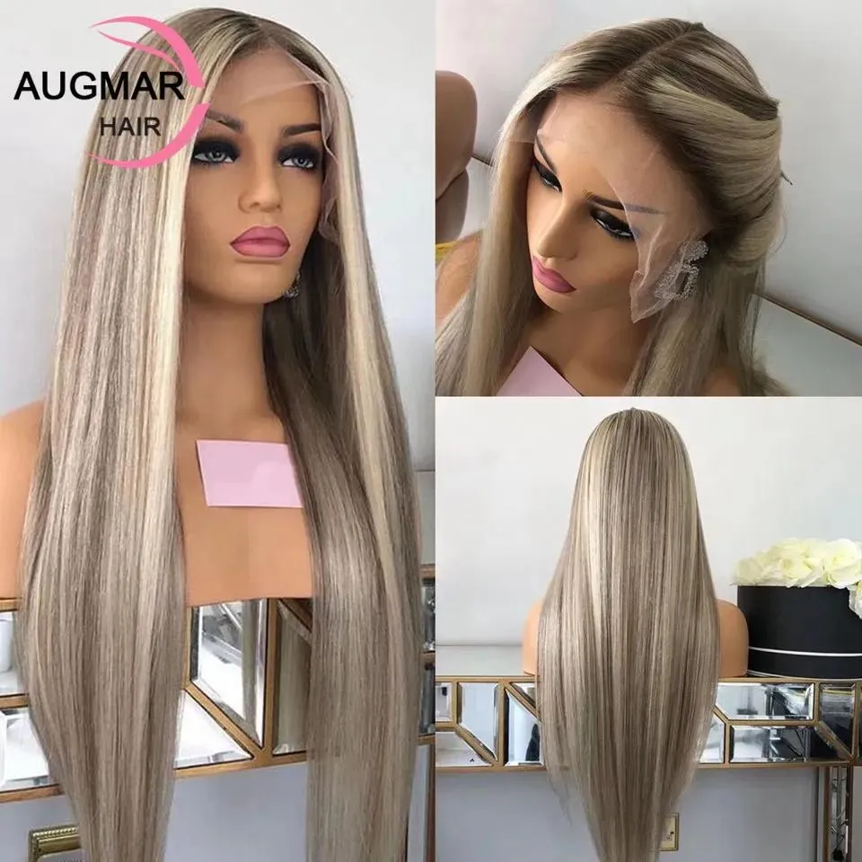 Peruker lång askblondhöjd spets fram peruk mänskligt hår brun blandad blondin rak hd transparent spets frontala peruk för kvinnor synteti