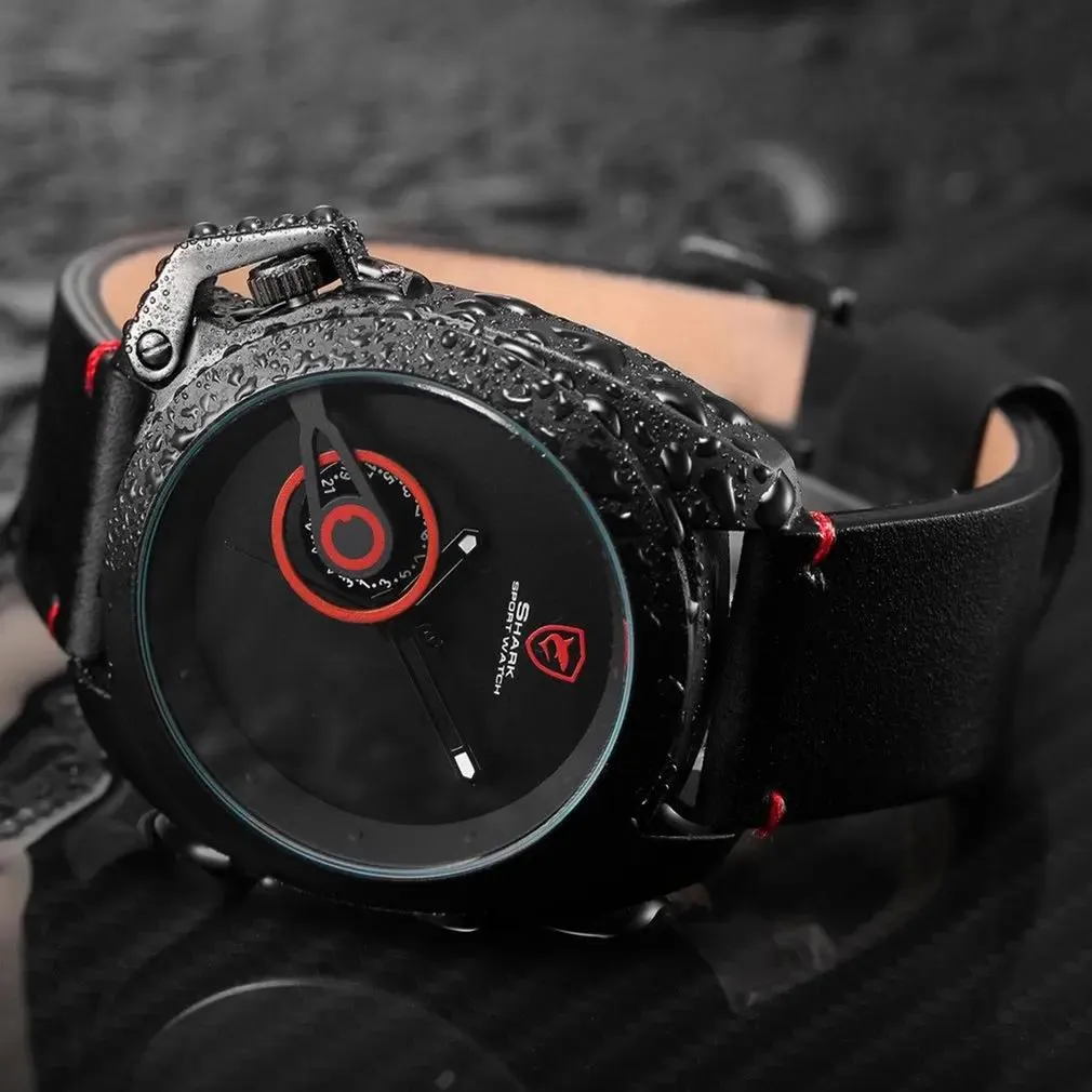 Watches SH446 Tawny SHARK Sport Watch Red Date Crown Guard Design Male Luxury Genuine Leather Wrist Watches Mens Fashion Quartz Relogio