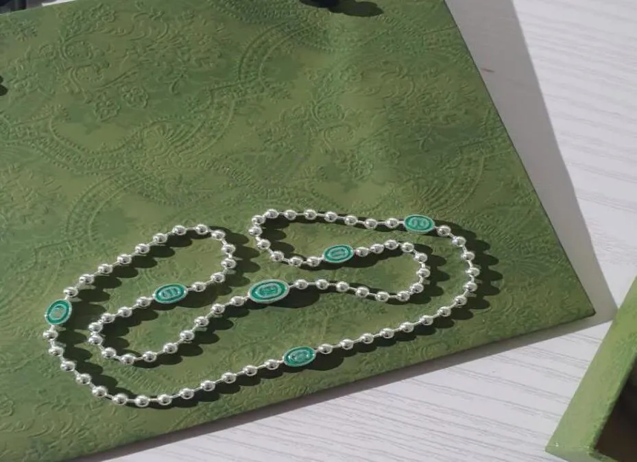 デザイナー品質高級ジュエリーゴールドチェーンペンダントBijoux S925 Sterling Silver Interlock Double Sarge G Green Enamel Bead Necklac7514004