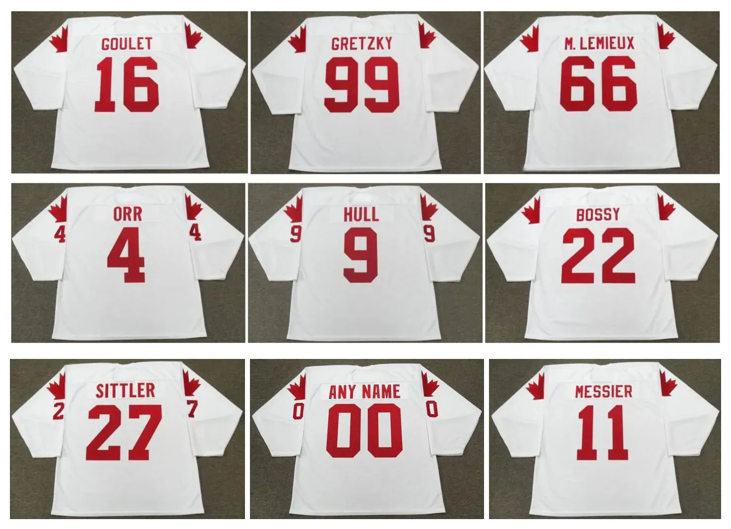 1987 Team Canada Throwback Hockey Trikots WAYNE GRETZKY LEMIEUX BOBBY ORR BOBBY HULL MIKE BOSSY BOBBY CLARKE DARRYL SITTLER MARK MESSIER Whi