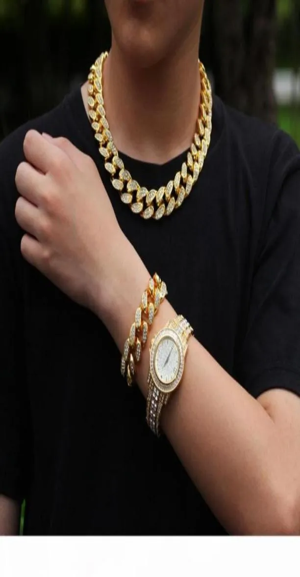 Hip Hop Chain Jewelry Mens Necklace Iced Out Diamond Miami Cuban Link Chains Gold Silver Watch Halsband Armband Set17366922713925