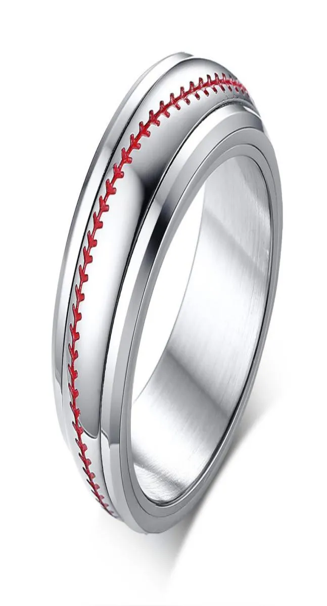 Gravering 8mm Red Stiching Baseball Sport Spinner Rings i rostfritt stål1707189