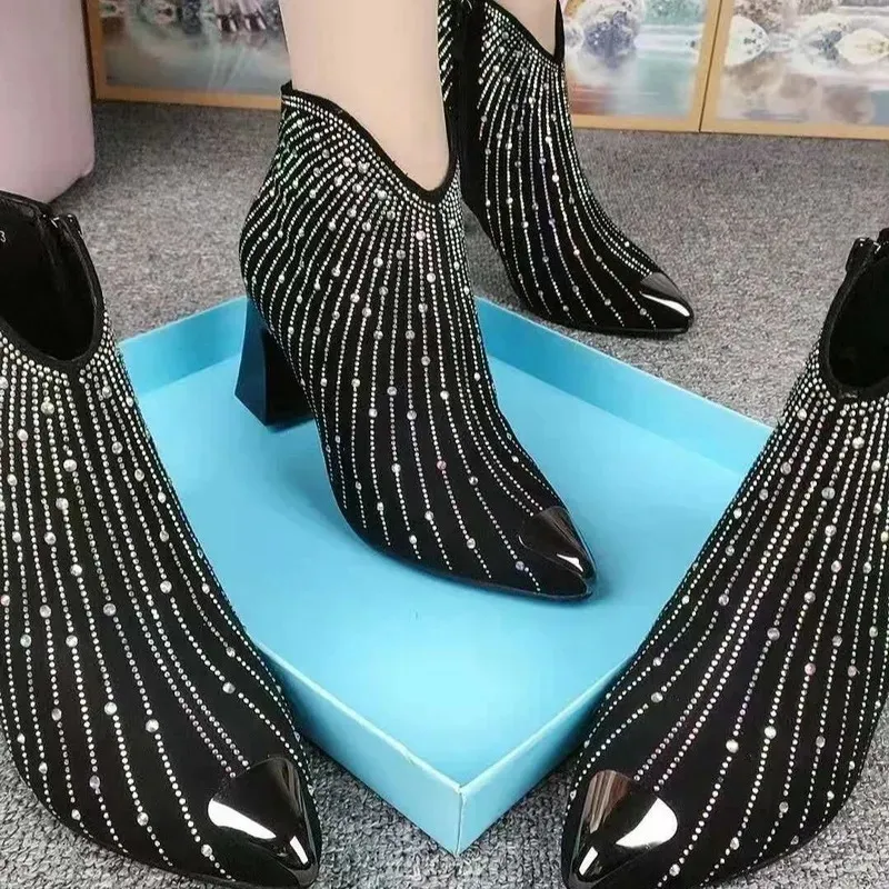 Femmes strass bottines mode automne hiver chaussures briller court Botas côté Zip bout pointu noir 231226