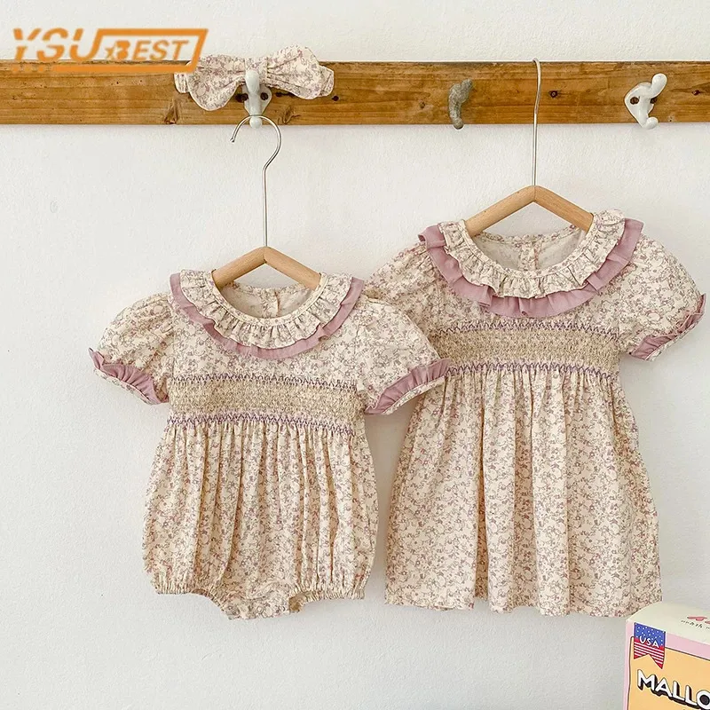 Syster outfit sommarflicka baby romper småbarn flickor broderi klänningar spädbarn barn bomull kort ärm enstycke 231226