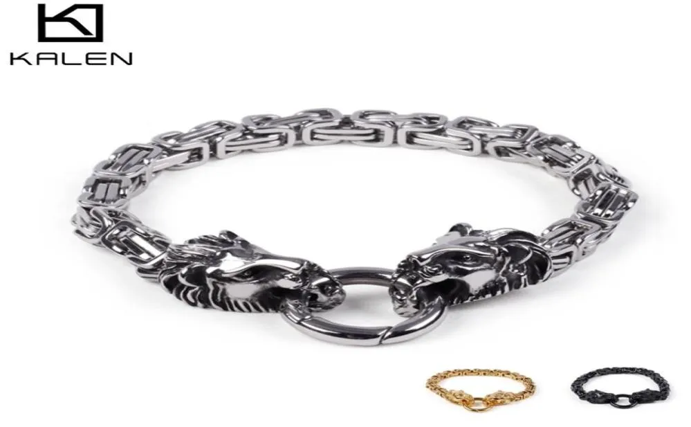 Königliches Gliederkettenarmband für Herren, Edelstahl, Silber, Gold, Schwarz, doppelter Löwenkopf-Charm-Armband, Schmuck 7606192