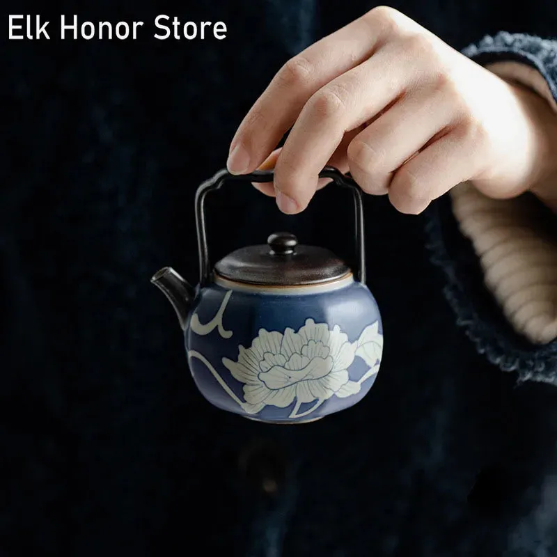 125ML Pure Hand-painted Peony Art Ceramic Teapots Creative Suzi Octagonal Handle Pot Tea Maker Kettle With Filter Kung Fu Teaset 231225