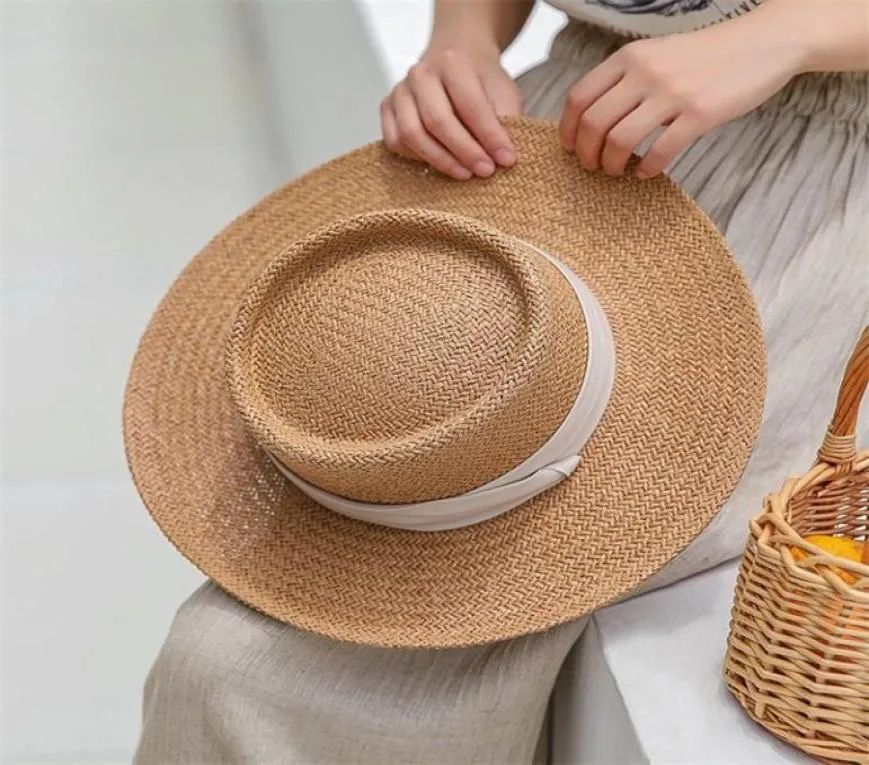 Chapeau de paille naturel fait à la main pour femmes, chapeau de plage d'été pour femmes et hommes, casquette Panama, mode Concave, visière de protection plate, chapeaux de bateau de soleil 2202766679