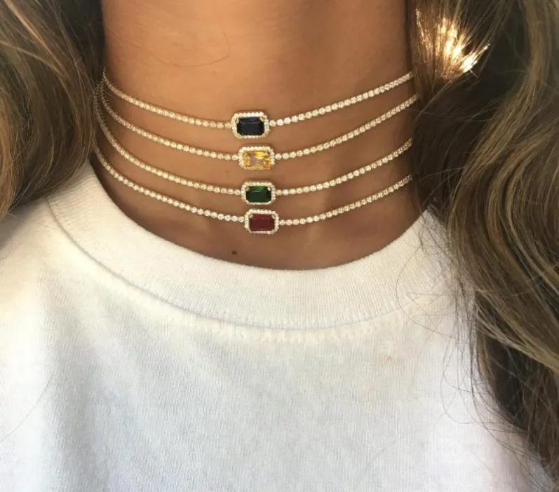 Fashion Popular Gold Color Women Tennis Chain Choker Necklace with Sapphires Green White Red Yellow Cz Stone Paved Necklace4140071