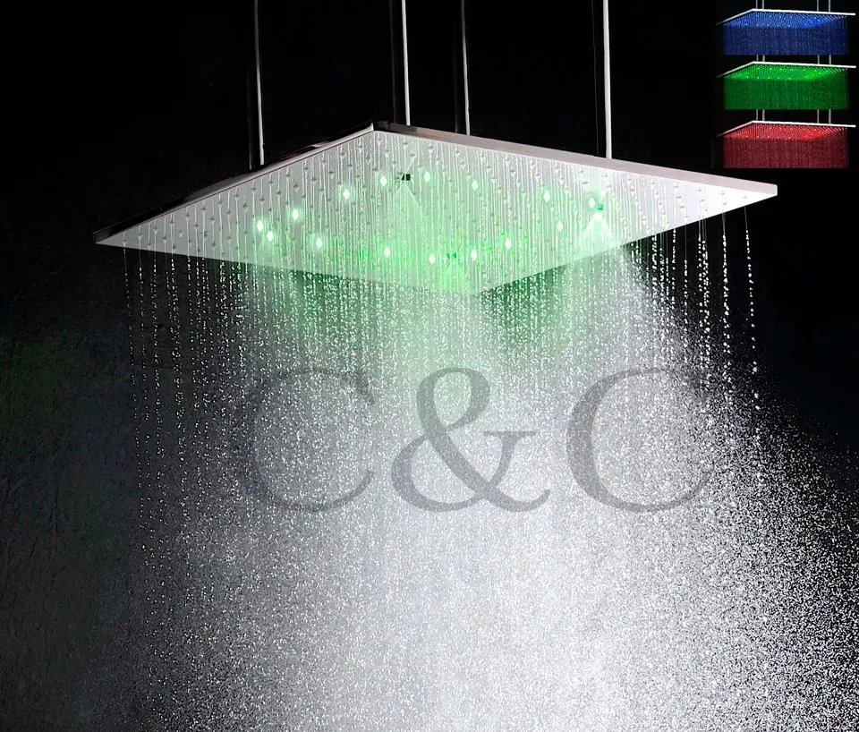 Têtes 20 pouces monté au plafond brossé atomisation et pluie LED sensible à la température 3 couleurs pomme de douche de salle de bain avec bras L20WL