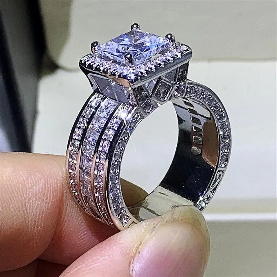 925スターリングシルバーフィルプリンセスカットWhie Topaz CZ Diamond Party Eternity Women Wedding Ring Gift262U