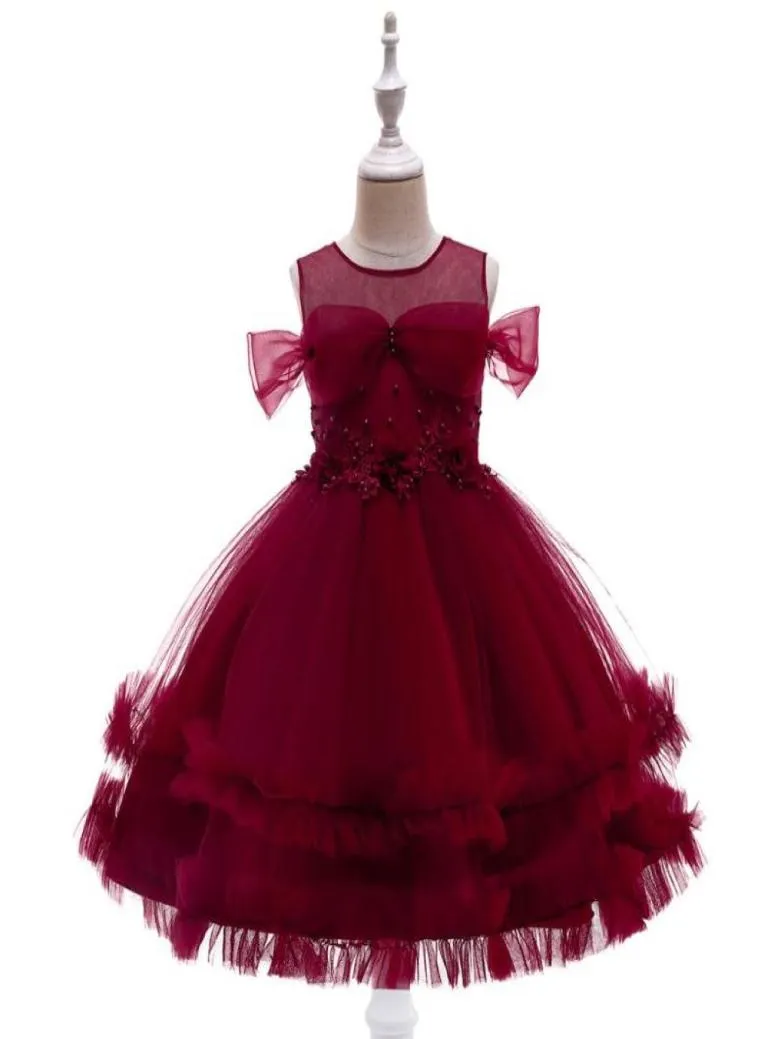 Girl039s Dresses 310 Years Kids Dress For Wedding Tulle Red Pearls Girl Elegant Princess Ballgown Party Pageant Formal Gown3420516