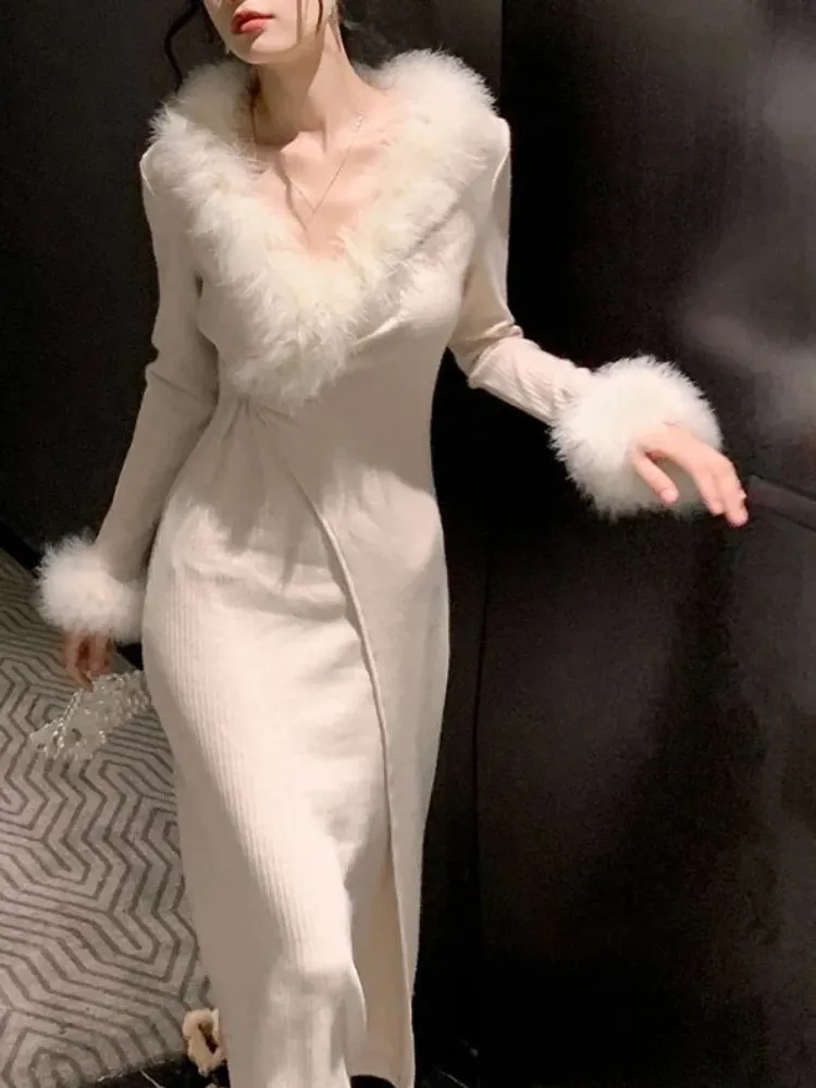 Hiver blanc élégant tricot robe Midi femme décontracté fourrure chaud mode robe bureau dame robe de soirée coréenne 231226