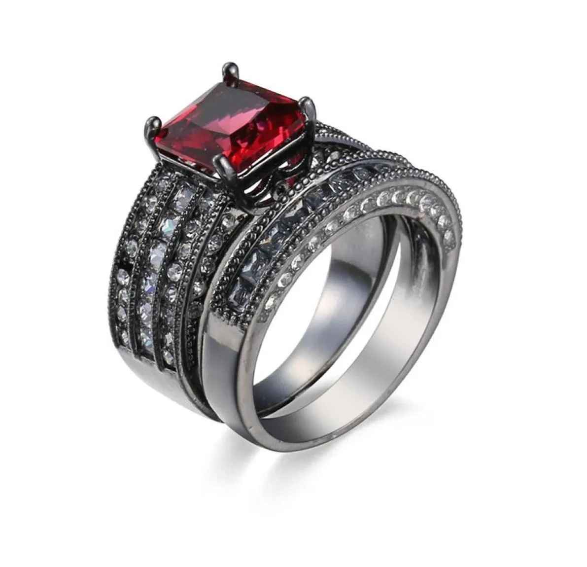 Red Ruby Zircon Gems Black Gold Filled Ring Wedding Band Finger Promise Ring Set SZ610176q9146734