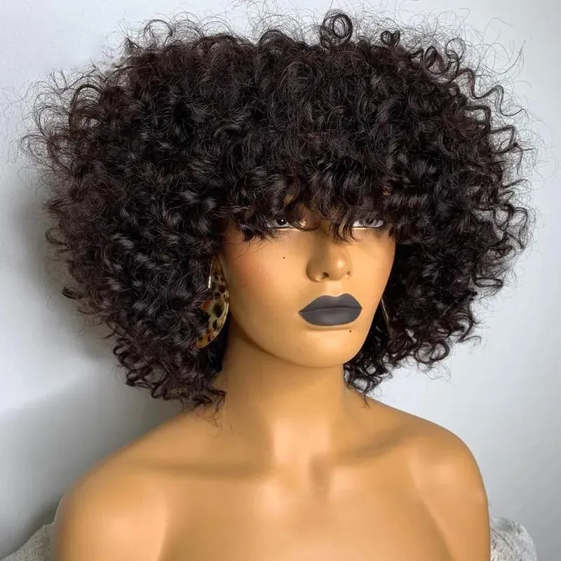 Peruki 180 Gęstość Kręcone ludzkie włosy peruki dla kobiet Krótkie peruki Bob Black/Red/Blonde Pixie Cut Peruka Kinky Curly Syntetyczna peruka z grzywką