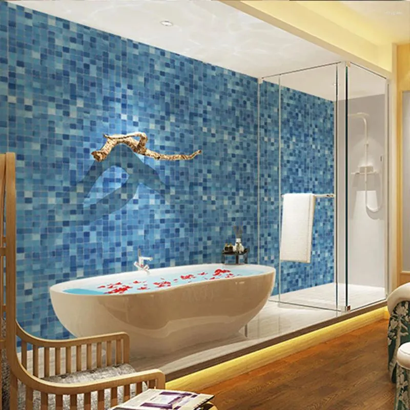 Autocollants muraux de cuisine, papier peint carré bleu résistant à l'huile, auto-adhésif pour salle de bains, décoration de maison