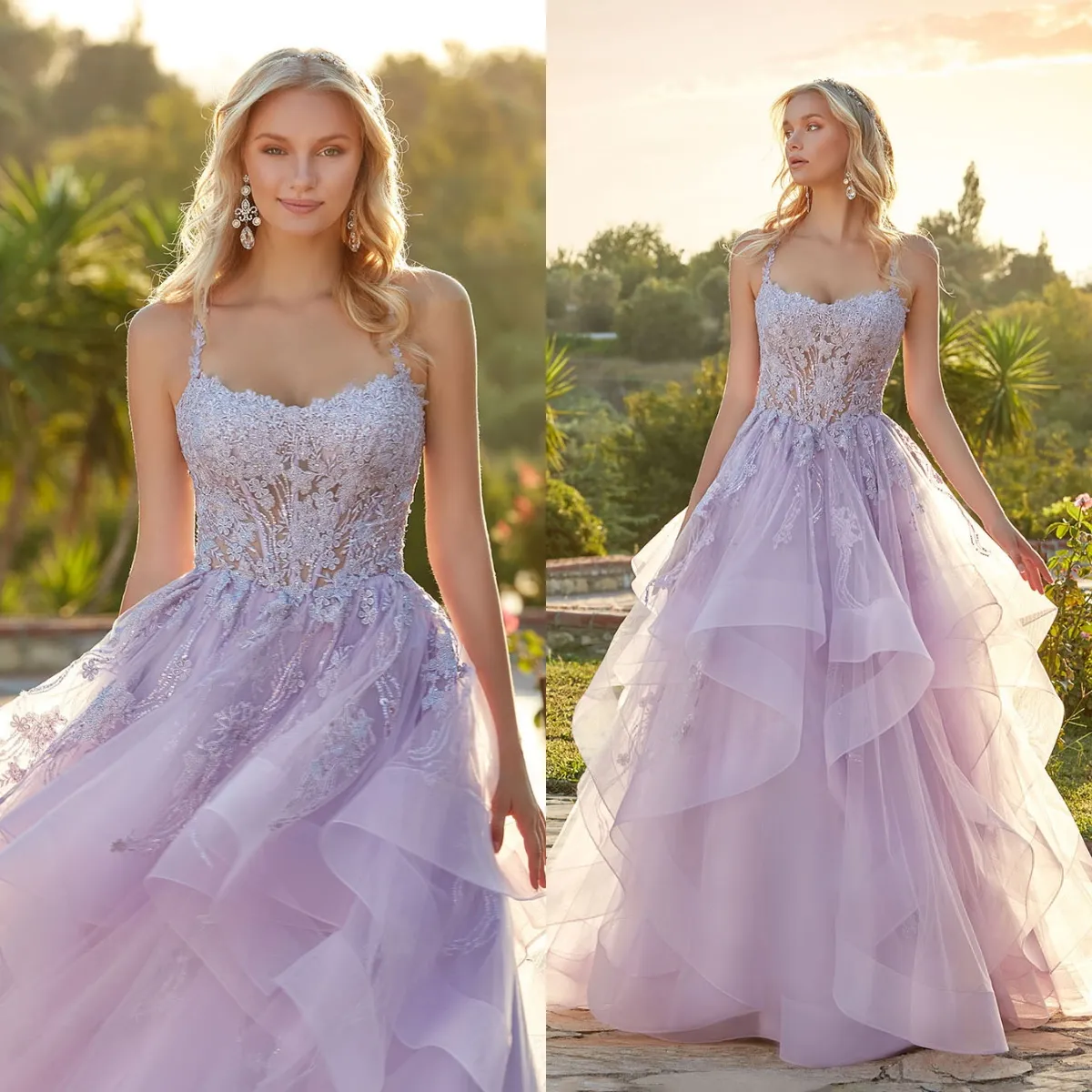 Lavender 2024 Prom Dresses Ruffles Skirt Appliqued Lace Party Gowns For Women Tulle A Line Evening Dress