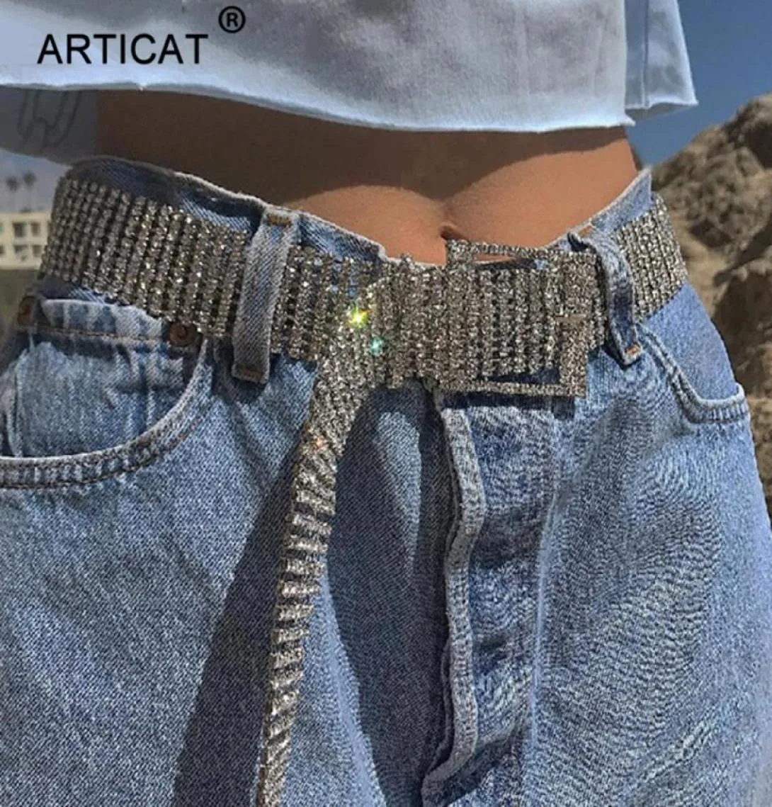 Articat Full Rhinestone Sexy Belts Women Cummerbunds Silver Shiny Diamond Party Club Crystal Waist Belt Accessories Chain Belt4582313