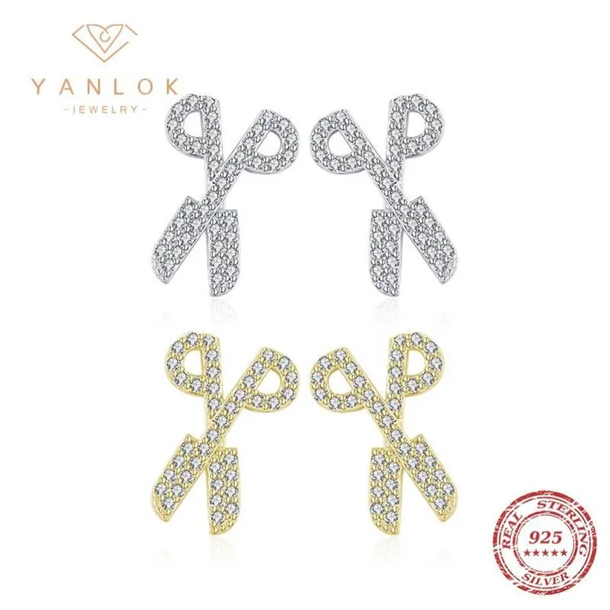 Stud Yanlok Authentic 925 Sterling Silver Fashion مقص الأقراط للنساء رجال مشرقين صافين الزركون المجوهرات hypoallergenic309j