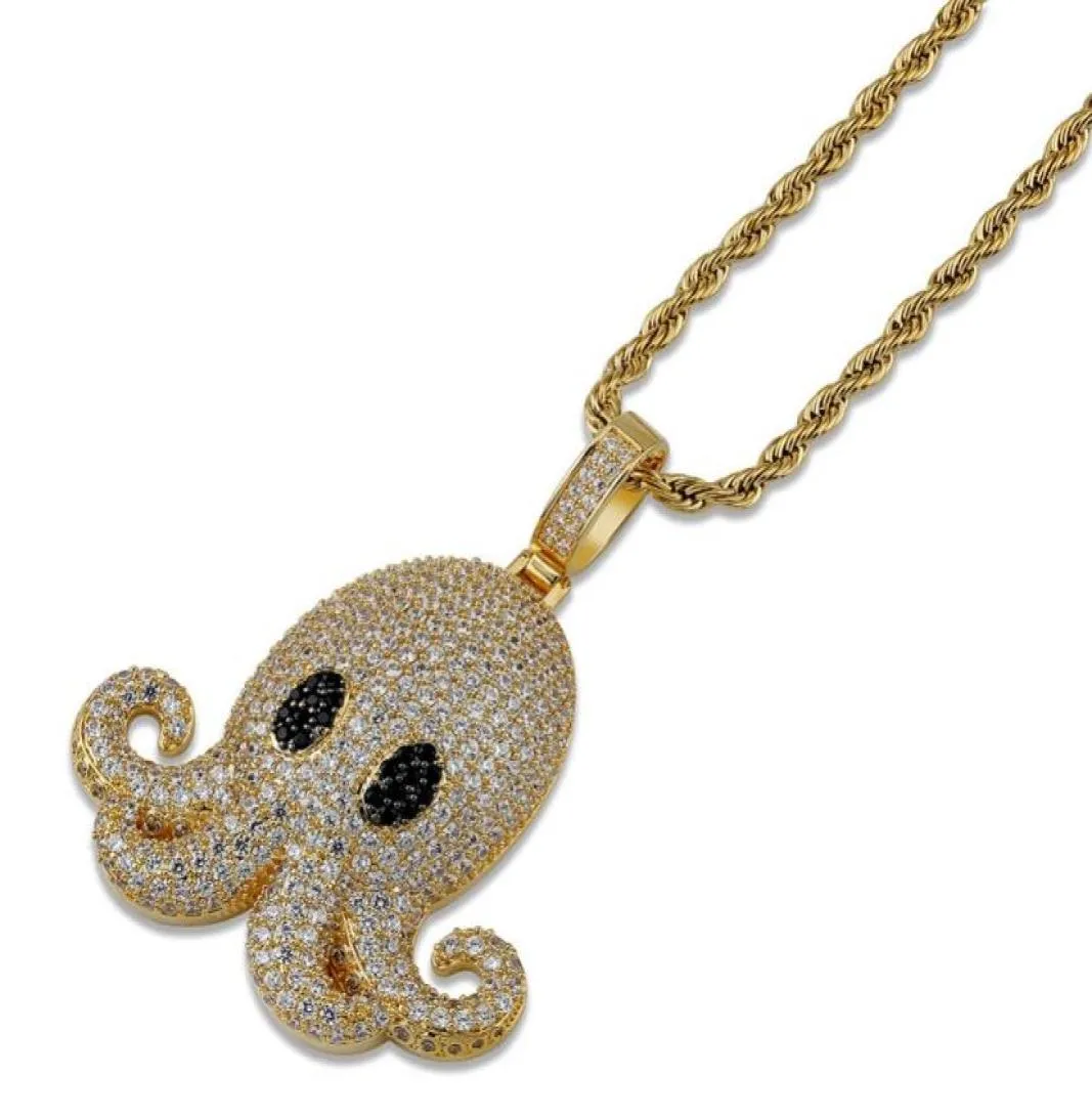 Micro Pave Zircon Animal Iced Out Octopus Pendant Halsband med repkedja män kvinnor hiphop smycken4820518