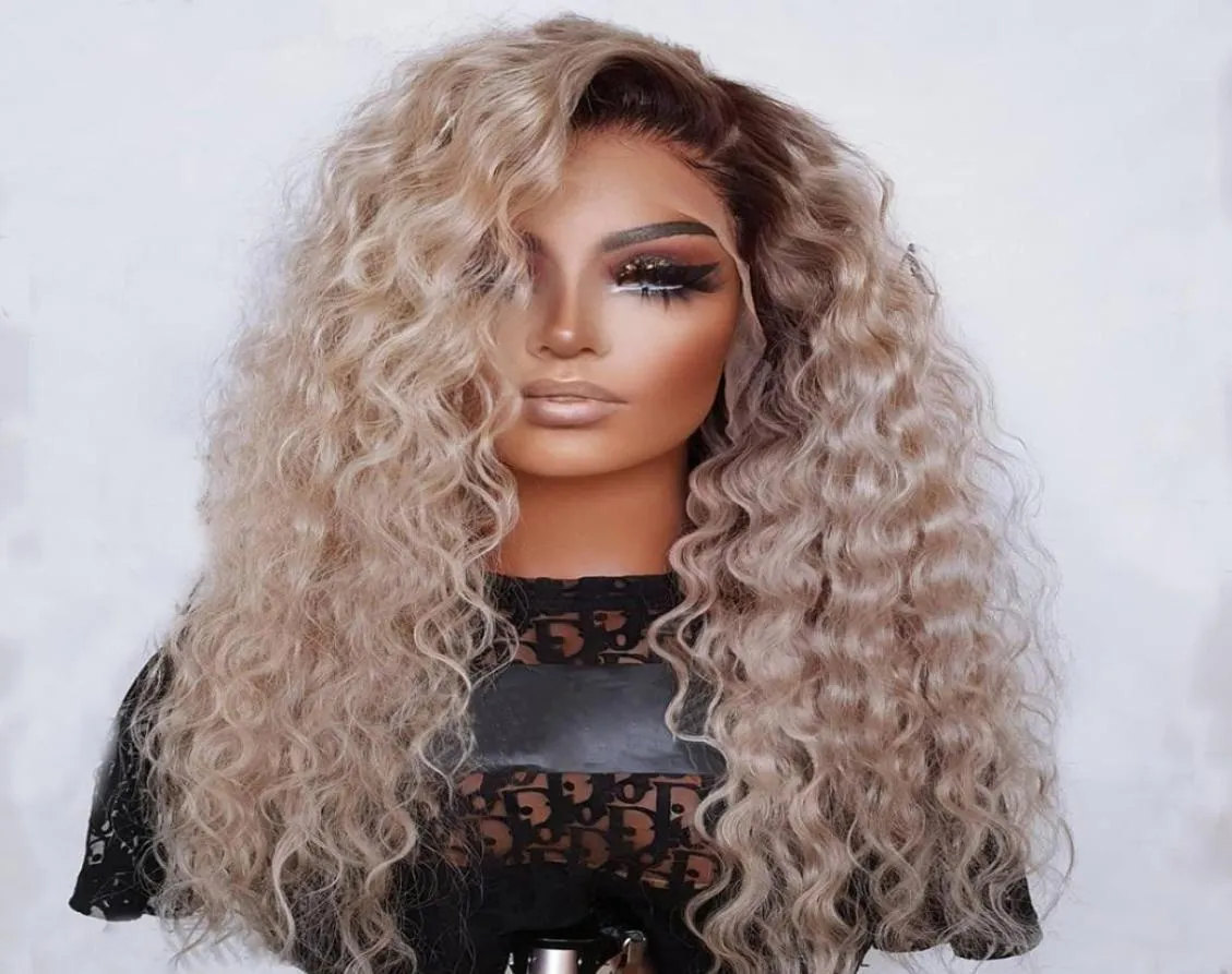 Lockige braune Ombre Blonde Lace Front Perücke Echthaar peruanisches Remy 13x4 HD Transparent 360 Frontal Perücken für Frauen 150Density auf sal8021137