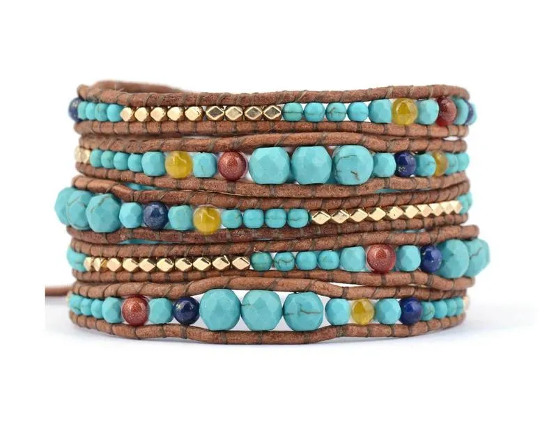 Bracelet Femmes Pierres Graduées Perles Plaquées Or Wrap Bracelets En Cuir Boho Corde Strand Bracelet Bohême Bijoux En Gros Dropship