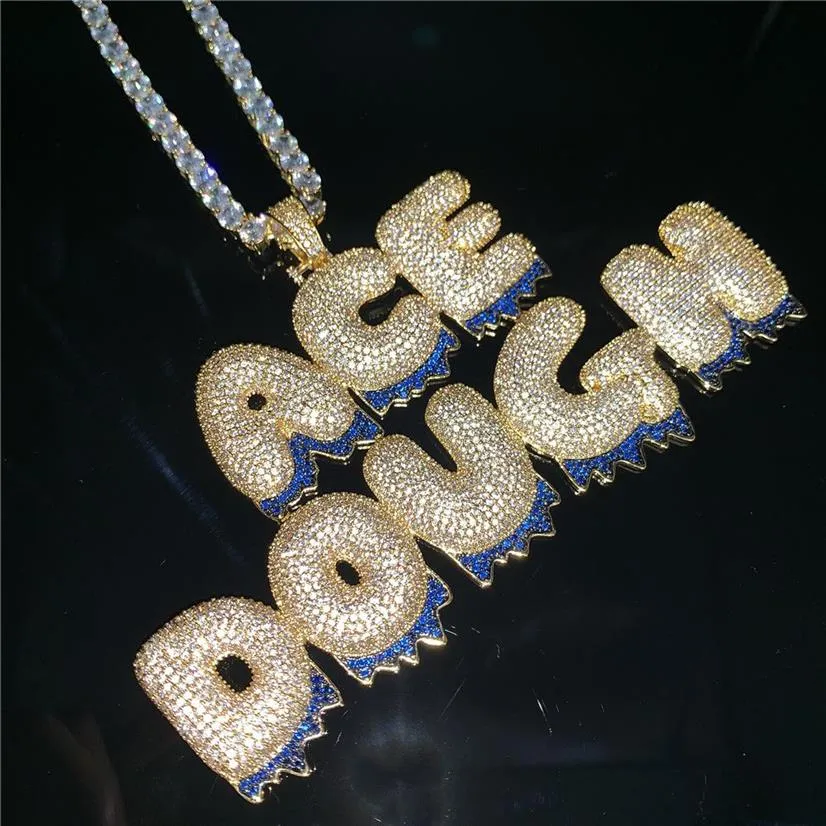 Aangepaste naam blauwe onderste letters ketting hanger goud zilver hip hop sieraden met touw chain337j