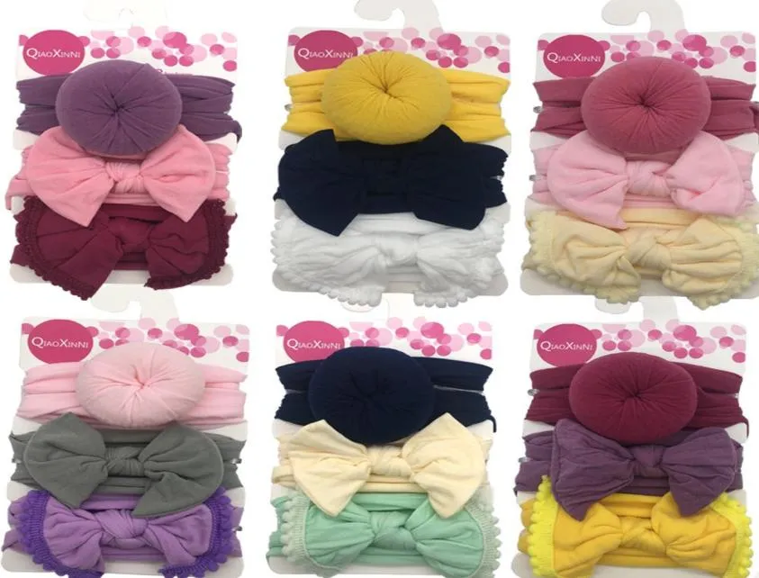 Bebê meninas arco laço tiara donut nylon headbands 3 pçs conjunto turbante nó bowknot coelho hairbands infantil crianças elástico headwear3537524