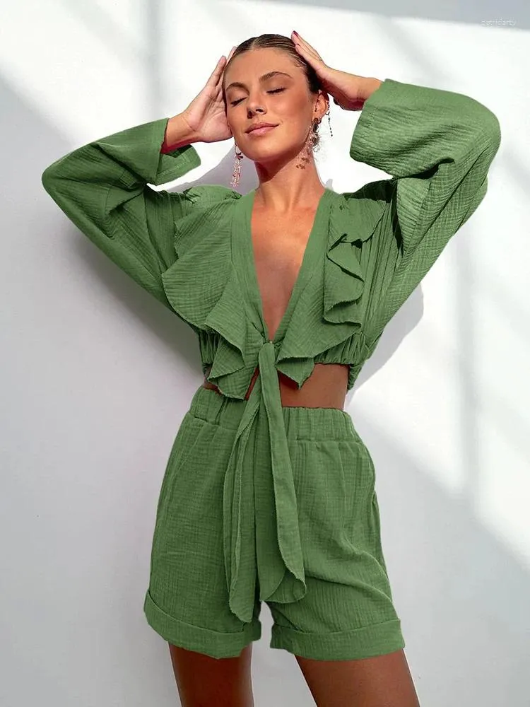 Vêtements de nuit pour femmes Hiloc Green Ruffle Sexy Femmes Vêtements de nuit Laçage Coton Pyjamas pour manches longues Taille haute Home Vêtements Loungewear