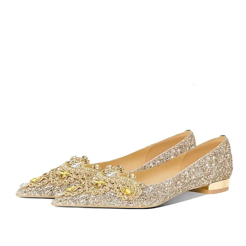 Women Shoes Low-heeled Dress Banquet Crystal Sequins Wedding Shoes Gold Pointed Female Bride Shoes Zapatos De Mujer 231226