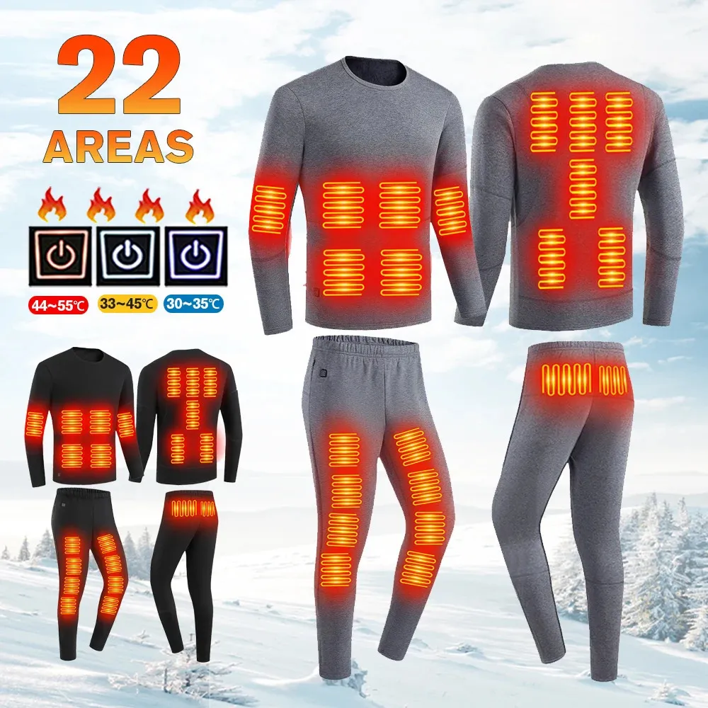 Beheizte Unterwäsche 28 Bereiche Wanderhemden Skianzüge Oberteile Hose Männer Frauen Thermounterwäsche USB-Heizjacke Winterkleidung 231226