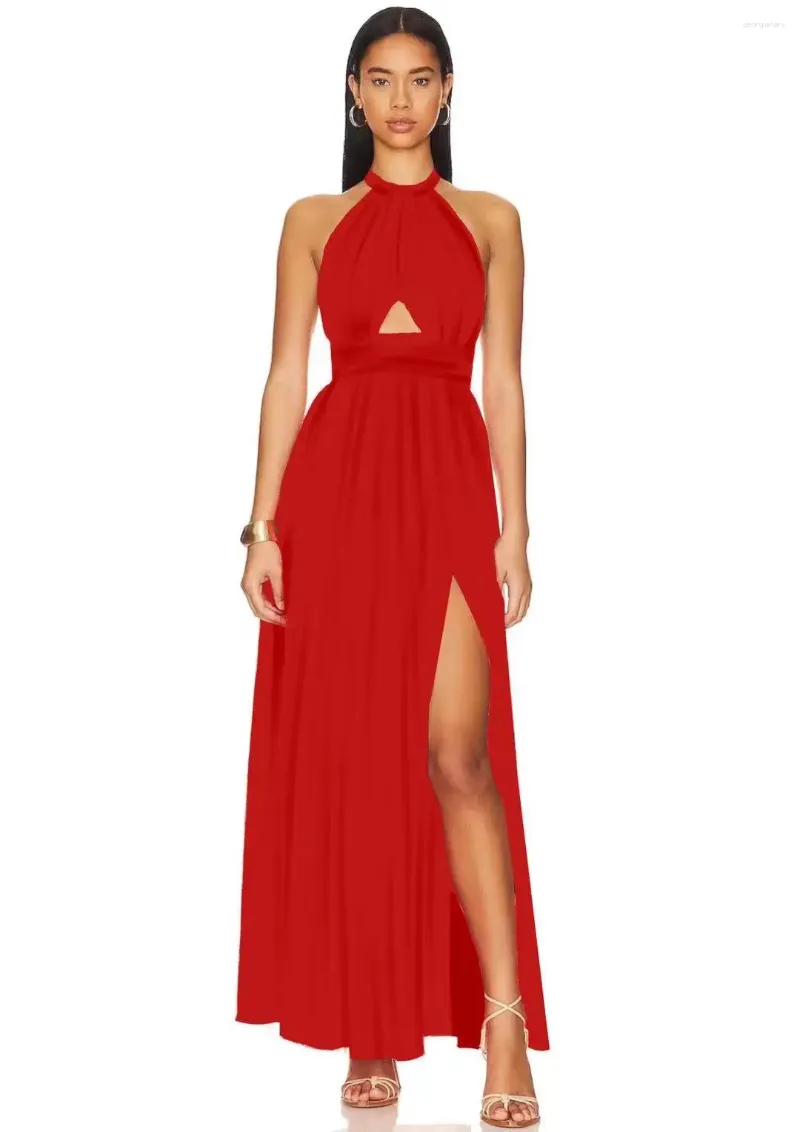 Abiti casual da donna Abito da festa di compleanno sexy con scollo all'americana Stampa floreale senza maniche Spacco alto Rosso Nero Cocktail Prom Maxi abito da sera