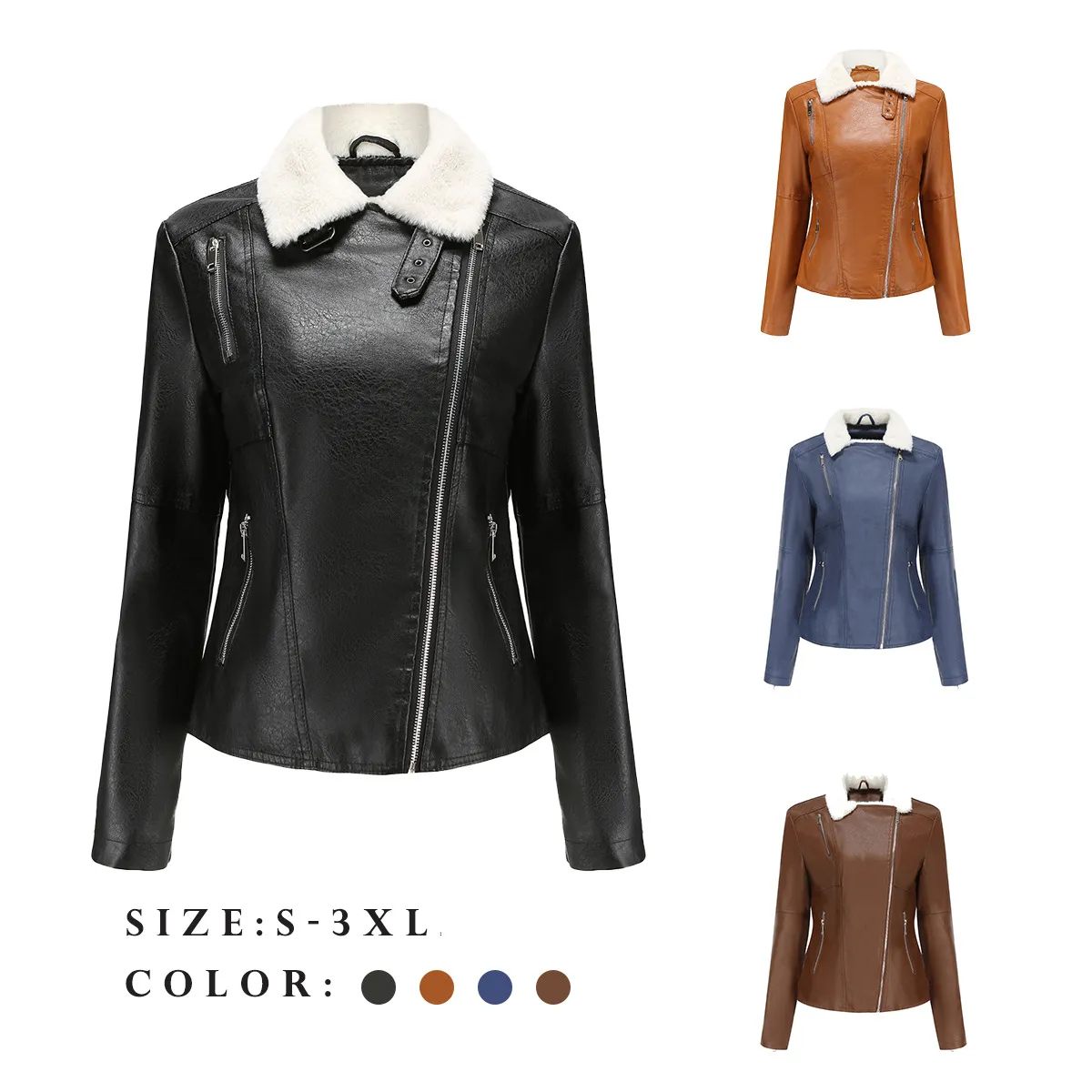 0c475m15 European and American Winter Womens Faux Leather Coats Fur Integrated Plush Long Sleeved Warm Jacket