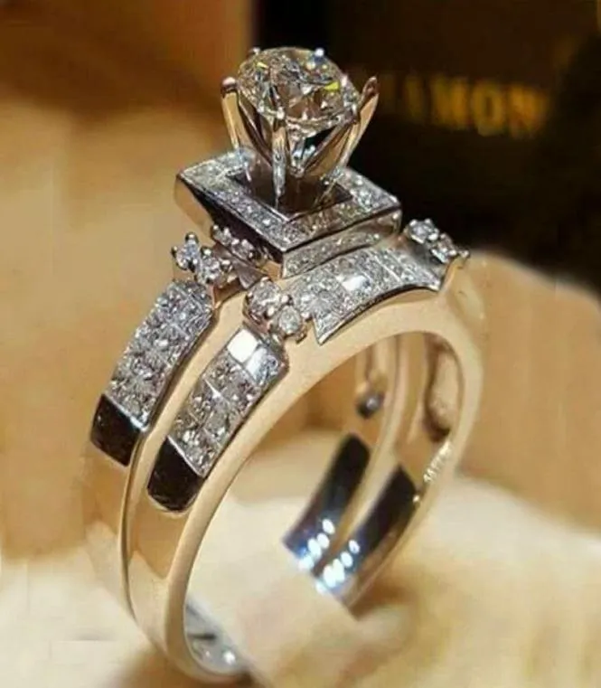 Conjunto de anillos redondos de cristal blanco para mujer, anillo de compromiso de plata 925 de lujo, anillos de boda nupciales Vintage para mujer 9536468