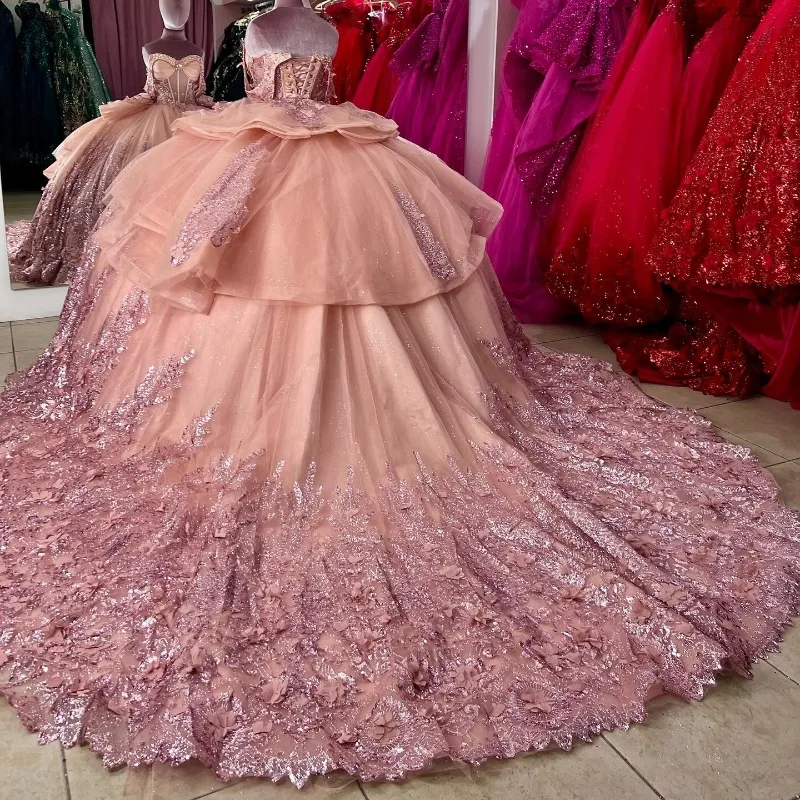 Robe Quinceanera rose à paillettes, épaules dénudées, avec des Appliques de perles et de paillettes, pour 15 filles, robes formelles de bal