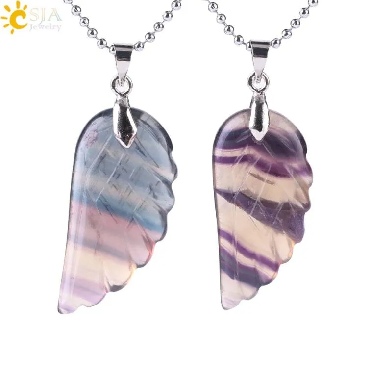 CSJA Angel Wing Pendant Racved Feather Natural Stone Green Fluorite Necklace Crystal Quartz Rock for Lovely Reiki Healing Je3743120