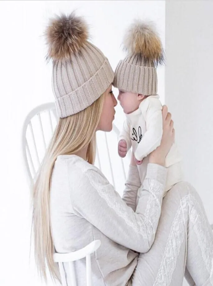 Mom and Baby Matching Knitted Hats Warm Fleece Crochet Beanie Hats Winter Mink PomPom Kids Children Mommy Headwear Hat Caps8839413