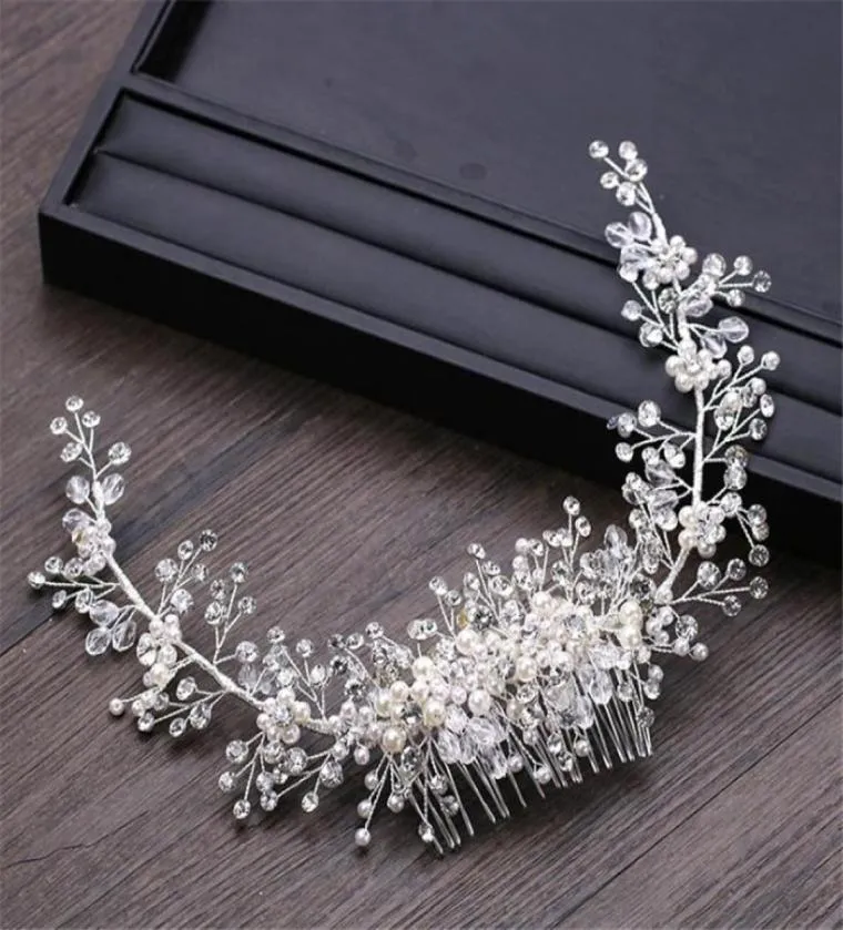 Vintage Wedding Bridal Comb Crystal Rhinestone Headpiece Pearl Crown Tiara Hair Accessories Jewelry Headdress Silver Head Chain Or9048551