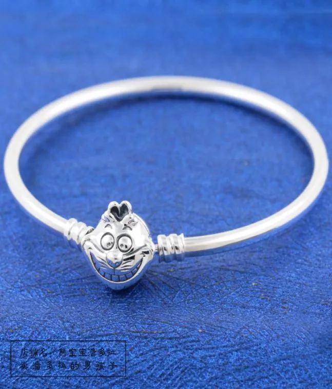 Bracelet jonc en argent Sterling 925 avec fermoir chat souriant, convient aux bijoux européens Bracelets à breloques 8491892