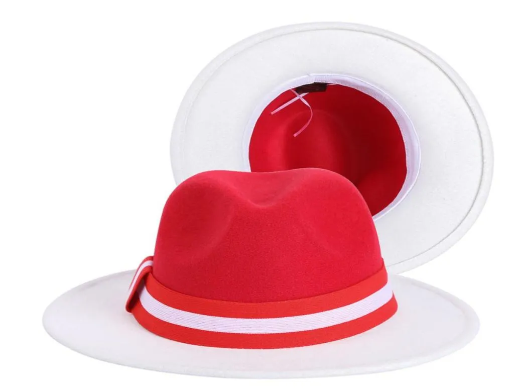 Red and White Patchwork Fedoras Jazz Top Hat Women Flat Brim Outdoor Sun Protection Hat Party Church Panama Felted Cap2425322