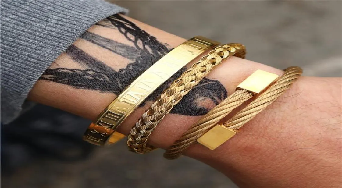 3 pçsset numeral romano pulseiras dos homens de aço inoxidável corda de cânhamo fivela aberta punk pulseiras ouro pulseira bileklik jóias8144927