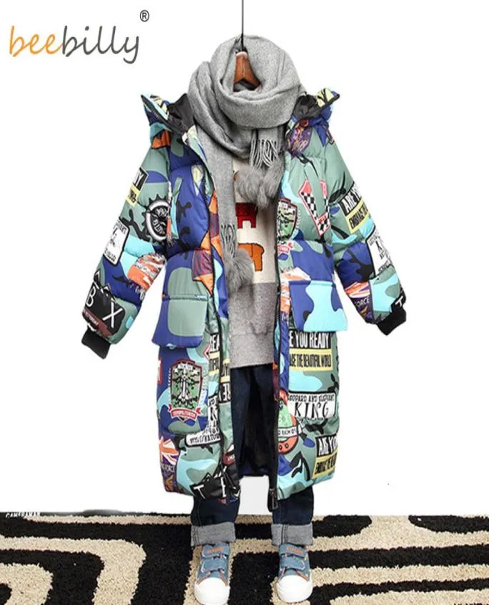 Donsjack voor jongens Merk winterjassen met capuchon Graffiti Camouflage Parka's voor tieners Jongens Dikke lange jas Kinderkleding 28834247