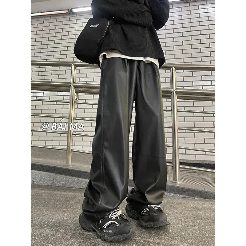 Coffee Black Leather Pants Men Oversized Fashion Casual Pants Men Streetwear Korean Loose Wide Leg Pants Mens Trousers S-2XL 231226