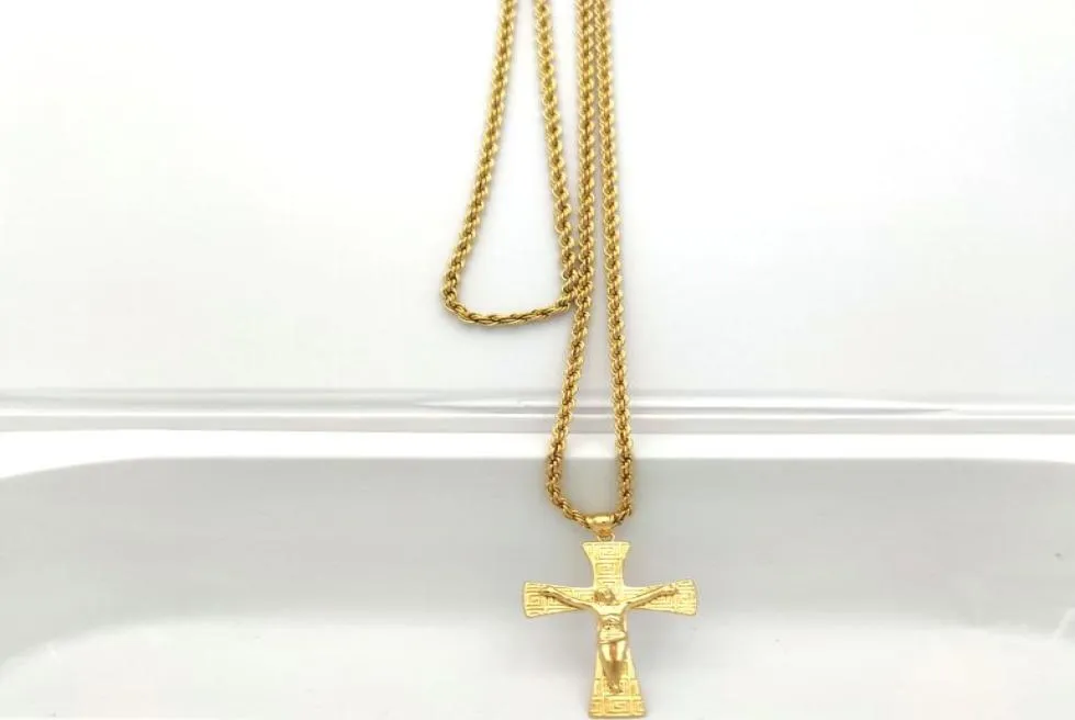 Grand pendentif Jésus Crucifix en or fin massif 22 carats 18 carats THAI BAHT G/F, collier en corde de 800 mm, bijoux charmants Hip Hop3627314