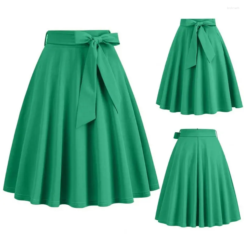 Saias Verão Estilo Sólido Mulheres Vintage Swing Pin Up Casual Runway Cintura Alta Preto Verde Vermelho Cocktail Túnica Joelho Saia