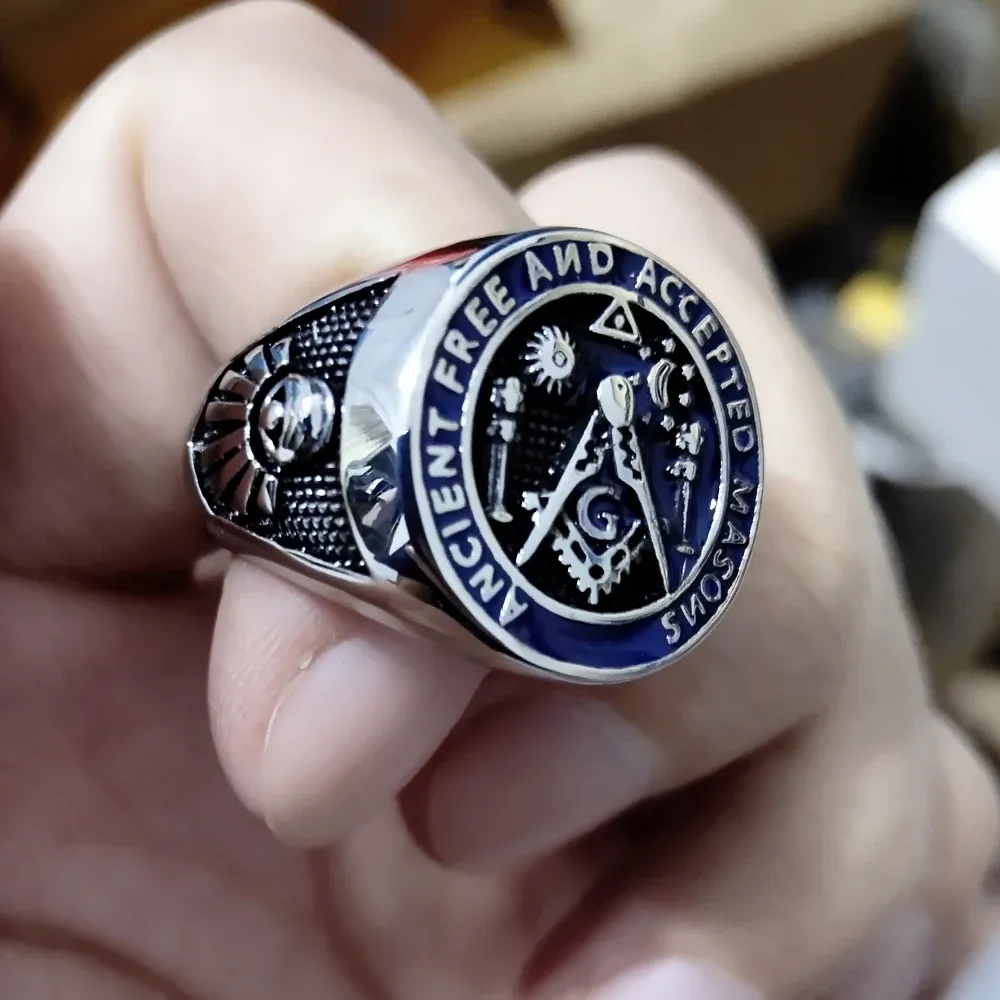 New Fashion Freemason Masonic Symbols Ring for Men Master Free Mason Signet in 14k White Gold Male Epoxy